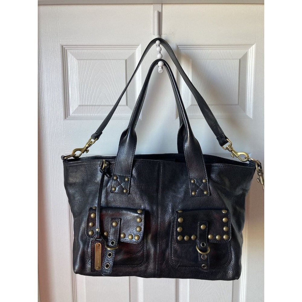 RUSSELL & BROMLEY London Vintage Black Leather Studded Shoulder Bag Tote